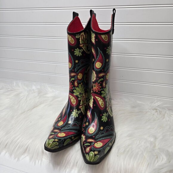 RIDE TEC Brown Paisley Floral Print Slip On Rubber Cowboy Rain Boots Sz 10 - Picture 5 of 10